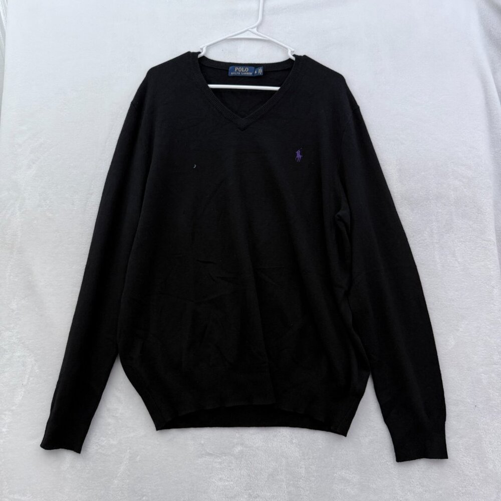 Polo Ralph Lauren Sweater Mens XL Black V Neck Pullover Merino Wool Lightweight